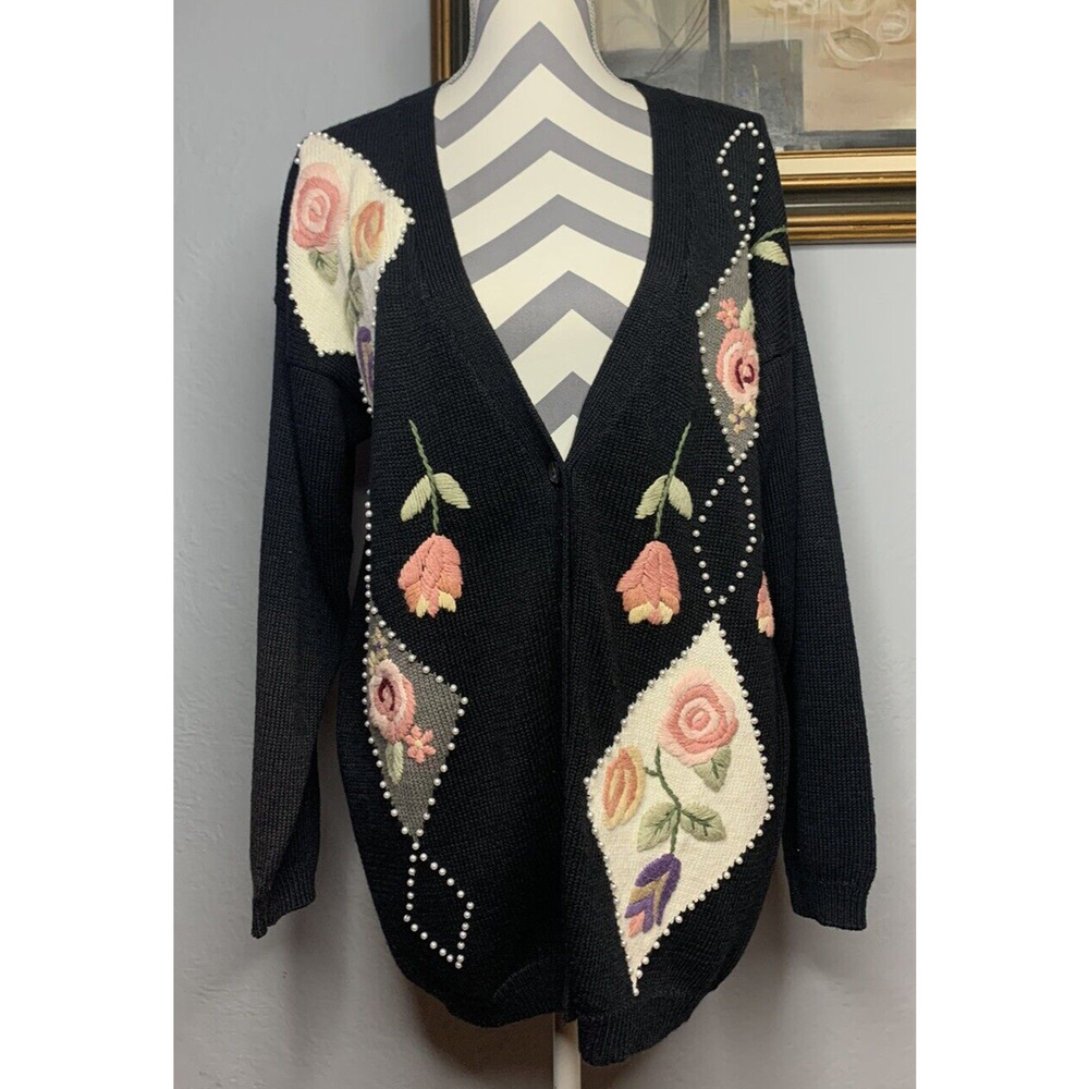 Vtg Rose Bud Beaded Cardigan Sweater Women’s L 90s Granny